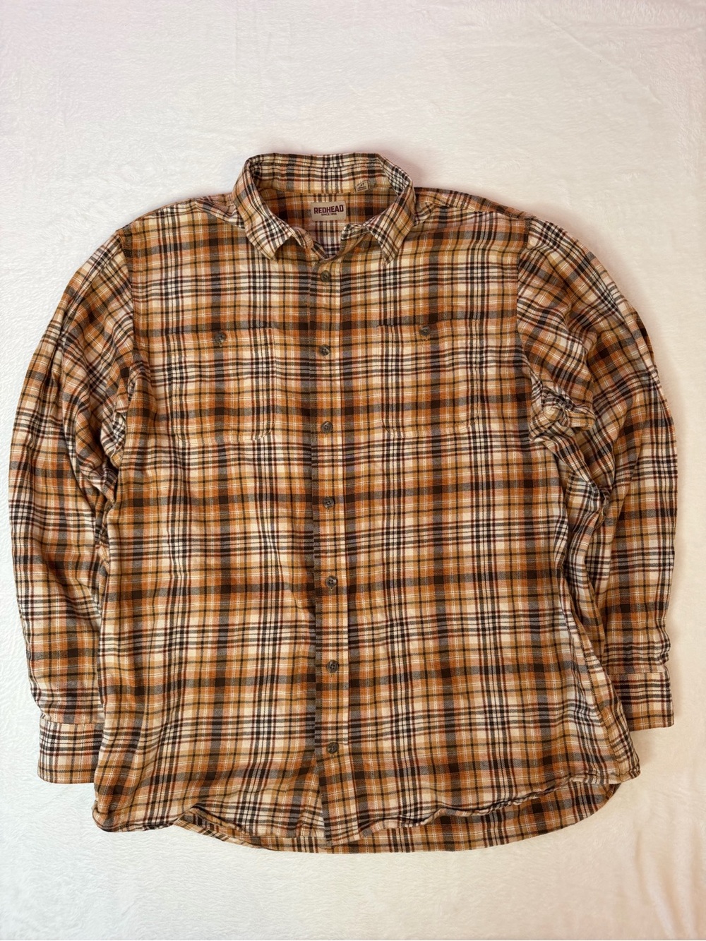 RedHead Plaid Flannel Button Up Shirt‎ Brown Tan Outdoors XLT Workwear